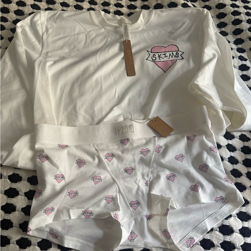 SKIMS Cream and Pink Heart Pajama Set - NWT